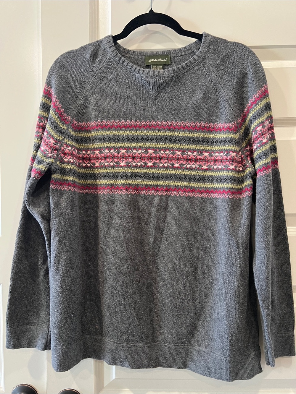 Eddie Bauer Gray Sweater with Pink and Olive Fair Isle Detail Sz L 100% Cotton